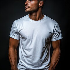 Man in white t-shirt, dark background.