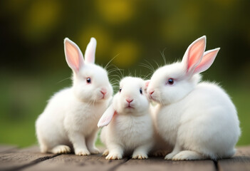 A group of three white rabbits sitting on a wooden surface, with a blurred green and yellow background