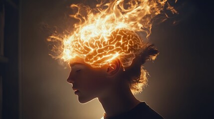 Fiery brain image glows within person's head.