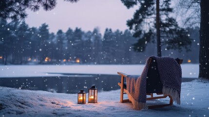Cozy winter scene with snow, lanterns, and a warm blanket near a tranquil lake