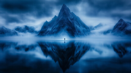 Eine nebelige Berglandschaft, die sich im See spiegelt, vor der eine einsame Gestalt auf einer Insel steht, bedrohliche Atmosphäre, Querformat
