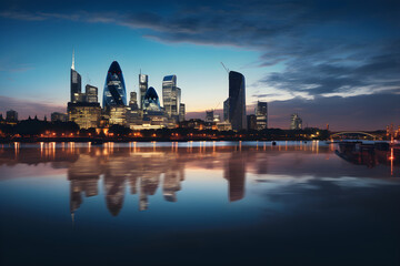 Fototapeta premium Stunning Sunset Panorama Over the Great Britain City Skyline with Reflecting Water Body