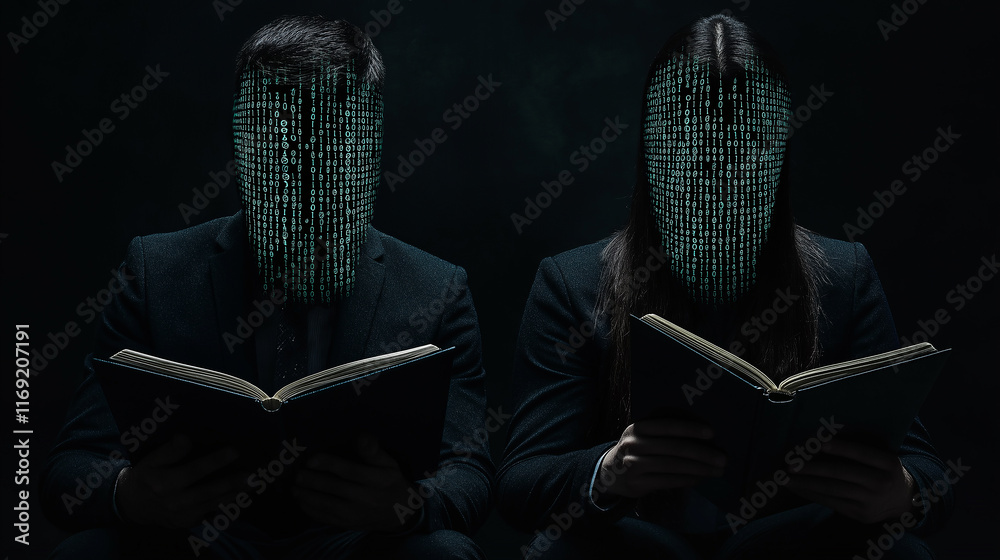 Poster Businesspeople reading with binary code projected on their faces