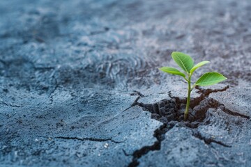 A small green plant is growing in the middle of a rocky, cracked ground