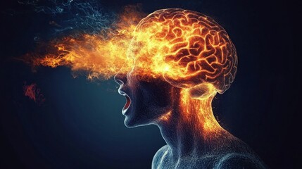 Fiery brain, screaming figure, ethereal flames.