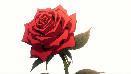 A full, single red rose on a white background