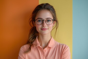 Fototapeta premium Office team member poses confidently against colorful background during photoshoot