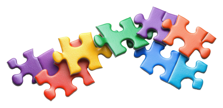 Assembling colorful puzzle pieces on a white surface creative activity indoor environment top-down viewpoint