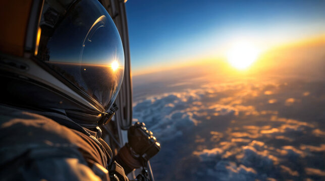 Vue depuis une navette spatiale au coucher du soleil, les nuages dor&eacute;s s'&eacute;tendent &agrave; l'horizon 