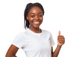 Smiling girl giving thumbs up in simple setting