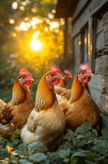 Fototapeta premium Three chickens are standing in a field with a sun shining on them. The chickens are all facing the same direction, and they appear to be looking at the camera.
