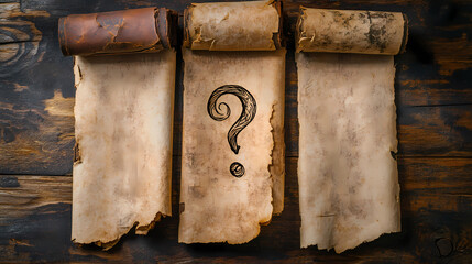 Three aged parchment scrolls laid side by side with a central question mark hinting at a coded or forgotten message from the past. Parchment. Illustration