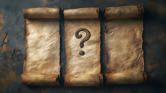 Three aged parchment scrolls laid side by side with a central question mark hinting at a coded or forgotten message from the past. Parchment. Illustration