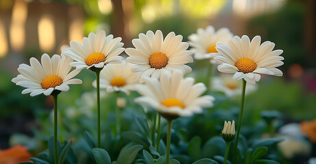 Fototapeta premium A bunch of white flowers with yellow centers are in a garden. The flowers are in full bloom and are surrounded by green leaves.