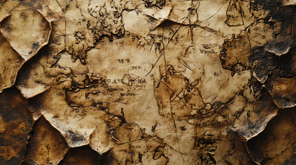 Vintage aged parchment backdrop with distressed edges, featuring a textured surface reminiscent of historical maps, perfect for expansive banner designs. Parchment. Illustration