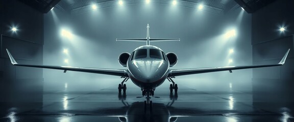 Closeup view of private jet airplane parked at outside and waiting business persons. Luxury tourism and business travel transportation concept.
