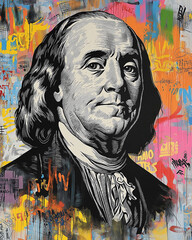 Benjamin franklin portrait painting with colorful graffiti background representing american culture