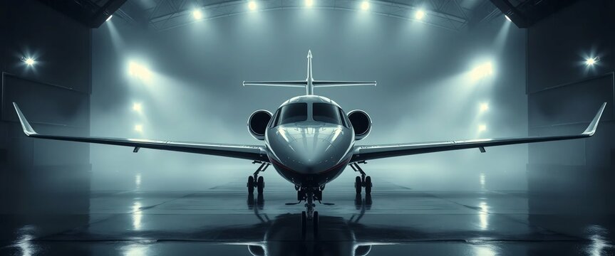 Closeup view of private jet airplane parked at outside and waiting business persons. Luxury tourism and business travel transportation concept.