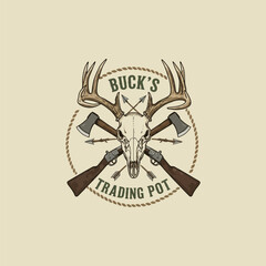 A vintage logo design showcasing a deer skull flanked by crossed axes and arrows within a rope circle and text.
