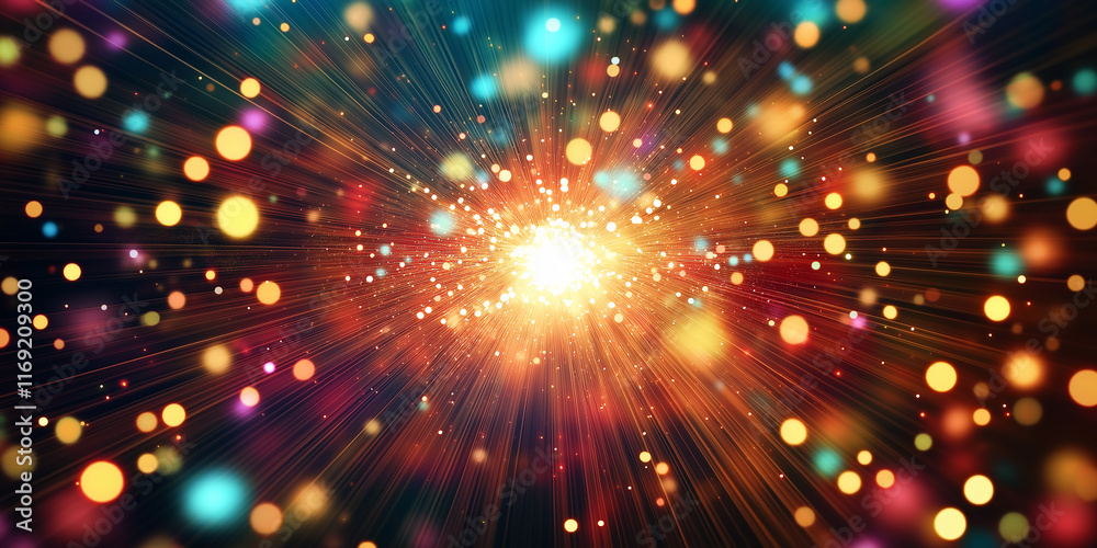 Fototapete bright light exploding with colorful bokeh effect and particles streaking outward