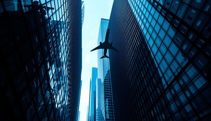 airplane flying over the modern city