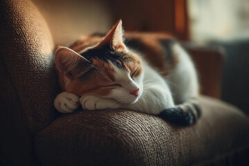 A Manx cat is curled up on a cozy chair cushion, with its head resting peacefully on its paws.