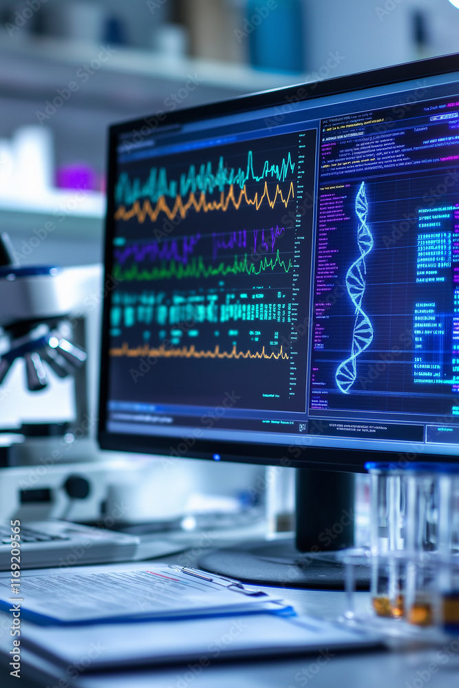 Poster medical research laboratory computer showing dna double helix and analysis charts