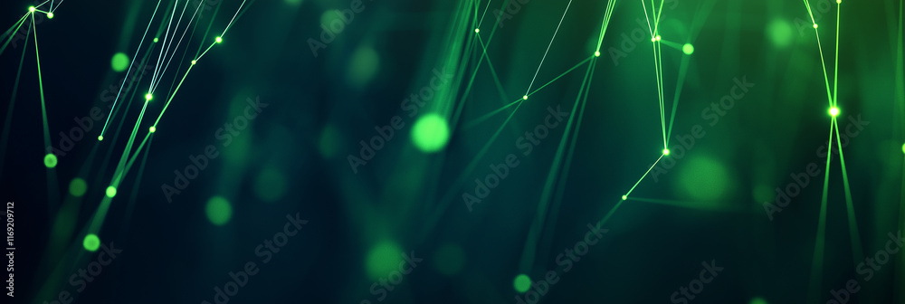 Poster Green network lines and dots showing data flowing