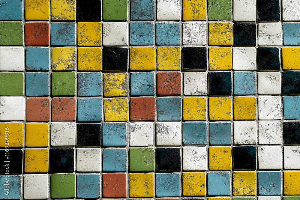 Poster Colorful mosaic tiles showing a textured surface creating a retro design