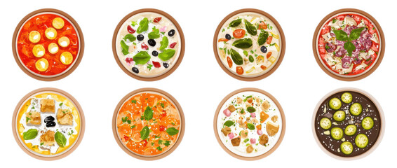 Delicious variety of colorful dishes culinary display gourmet food art bright kitchen aerial view culinary inspiration