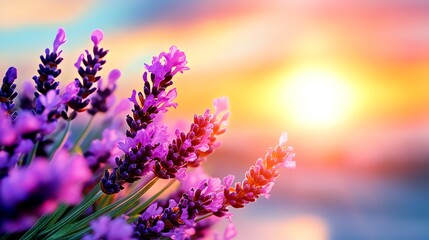 A vibrant lavender field illuminated by a colorful sunset, showcasing nature's beauty and tranquility.