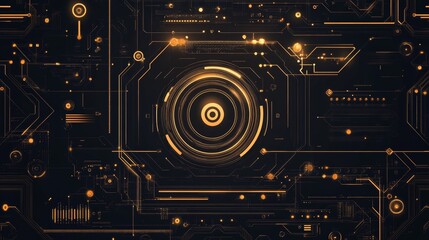 Obraz premium Abstract digital circuit design with glowing elements on a dark background.