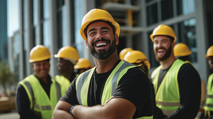 Construction workers smiling at construction site with arms crossed