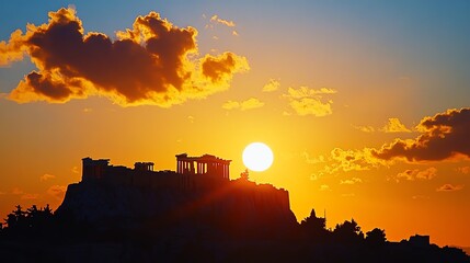 Fototapeta premium A stunning sunset silhouette over ancient ruins, with vibrant colors illuminating the sky.