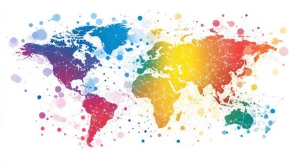Fototapeta premium Global Network Connection Colorful World Map with Interconnected Nodes and Watercolor Splashes