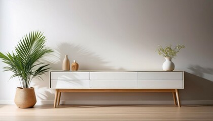 wooden dresser in modern minimalist style with space for text or design