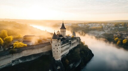 Obraz premium Majestic castle overlooking river at sunrise aerial photography serene landscape tranquil environment nature's beauty