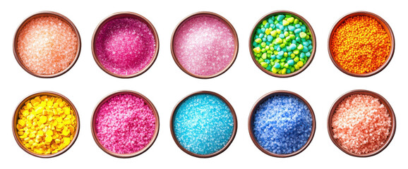 Colorful sugar granules display kitchen food photography bright environment top-down view culinary art