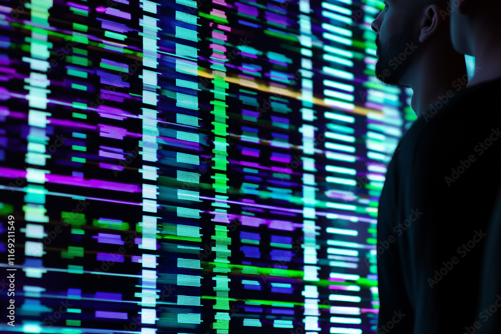 Poster Programmers analyzing big data flowing on digital screen