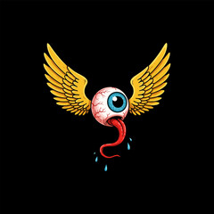 A cartoon eyeball with golden wings and a long red tongue, dripping blue liquid, against a black background.