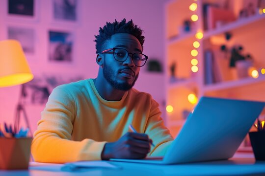 Freelance scriptwriter engaged in creating screenplay drafts at night