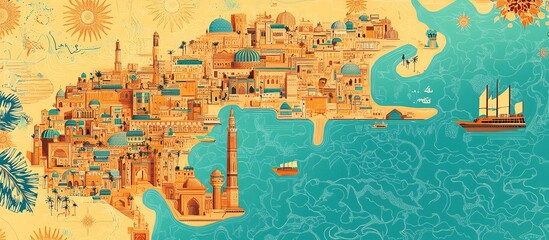 Coastal city with mosques, domes, and sailing ships.