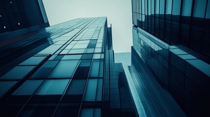Obraz premium A low-angle view of modern skyscrapers reflecting a blue sky.