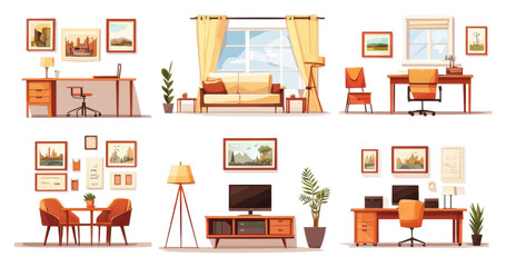 Home office design inspiration modern living spaces digital art cozy environment diverse arrangements interior aesthetics