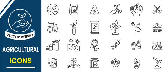 Agriculture icon set. Farming and cultivation icon, vector set. Farming and agriculture out line icon, symbol set. Farming, farm field, natural harvest, farmer icon, logo design. Vector illustration.