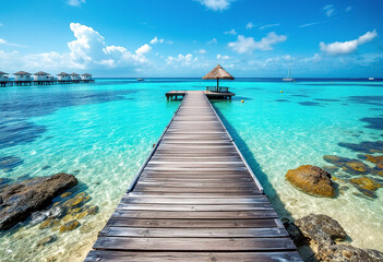 Obraz premium A tropical beach with crystal clear turquoise water, a wooden dock or pier extending into the water, and a few small boats or buoys visible in the distance