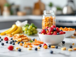 A close-up view of nutritious snacks like nuts, fruits, and seeds displayed on a kitchen counter, highlighting healthy eating and lifestyle choices