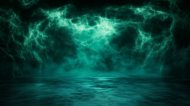 Grüner Nebel mit hellen Energieblitzen wabert in einer unterirdischen Höhle, die von Wasser geflutet ist, abstrakte Darstellung, Querformat