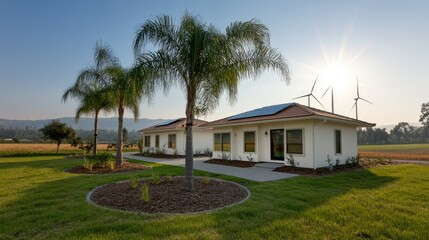 Fototapeta premium Brightly lit modern house features solar panels, wind turbines, and a green field under sunny skies, promoting sustainable living