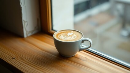 Steaming latte art in white cup on wooden windowsill.